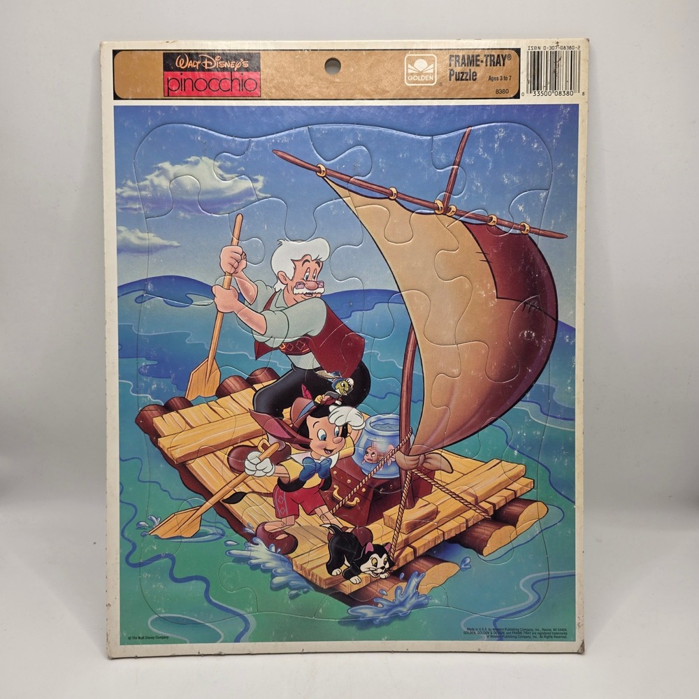 Golden Pinocchio Puzzle Kids Blue Disney Raft Scene Vintage‎ Frame Tray Toy